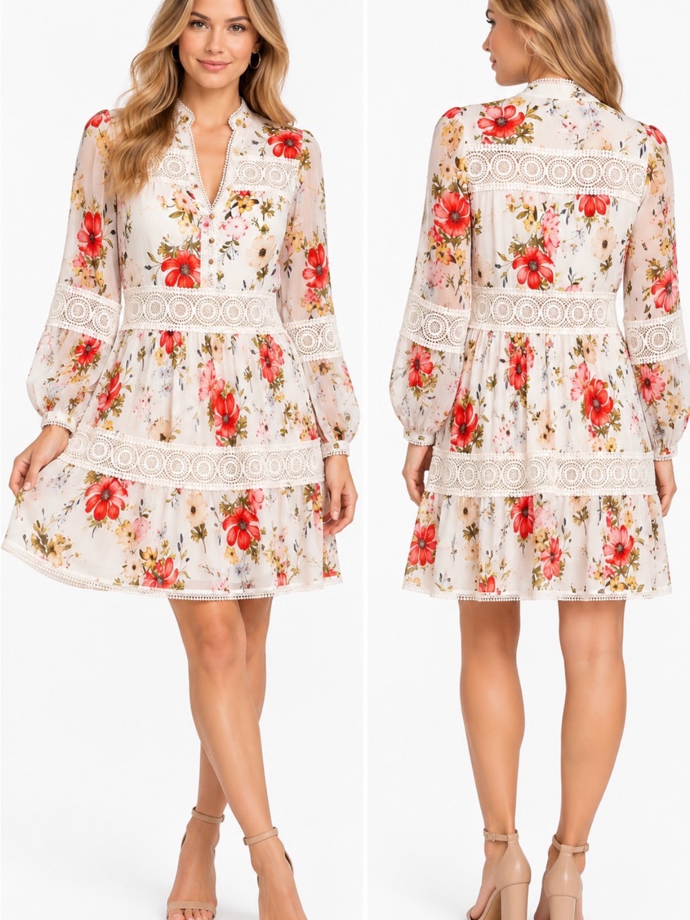 Avec Les Filles Floral Lace Trim Long Sleeve Tiered Dress Size 10